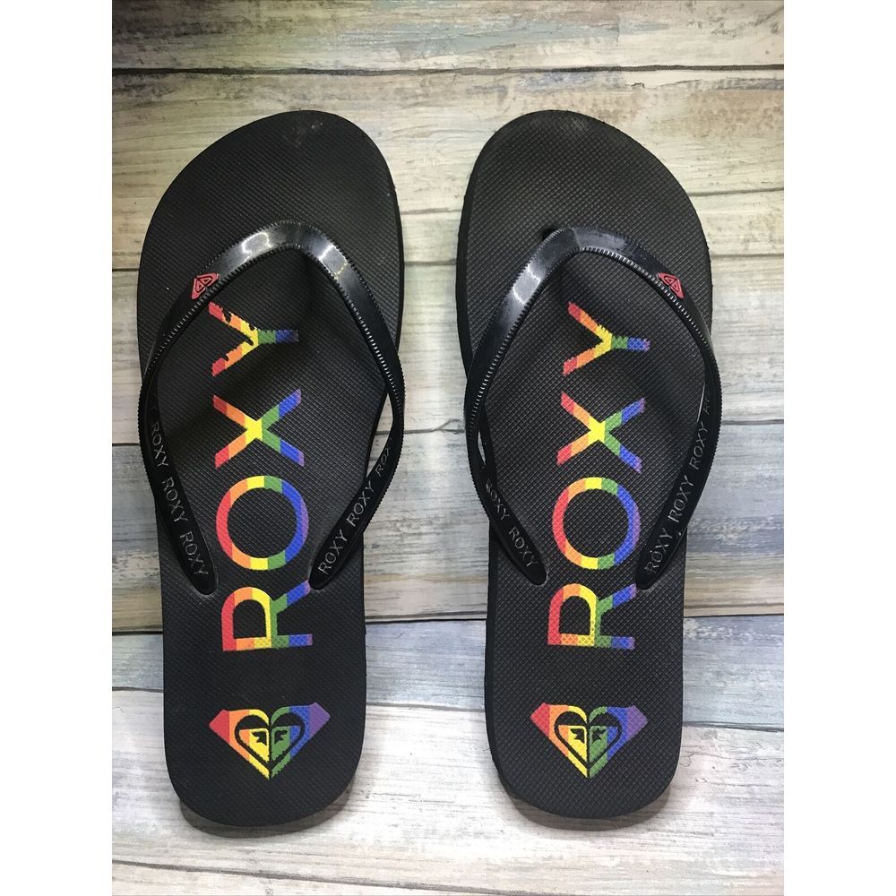 Roxy Pride Thong Flip Flop Sandals Rainbow Logos Black Preowned size 6/7